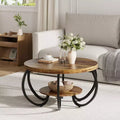 30 Inch Round Industrial Coffee Table 2-Tier with Adjustable Feet Wood Grain Shelf Flame Design Easy Assembly Living Room