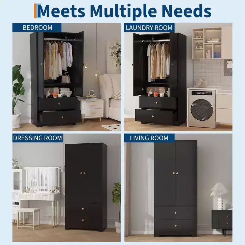 71 Inch Modern Wooden Bedroom Armoire Wardrobe Closet with 2 Doors 2 Drawers Adjustable Shelves Clothing Storage Cabinet and Hanging Rod