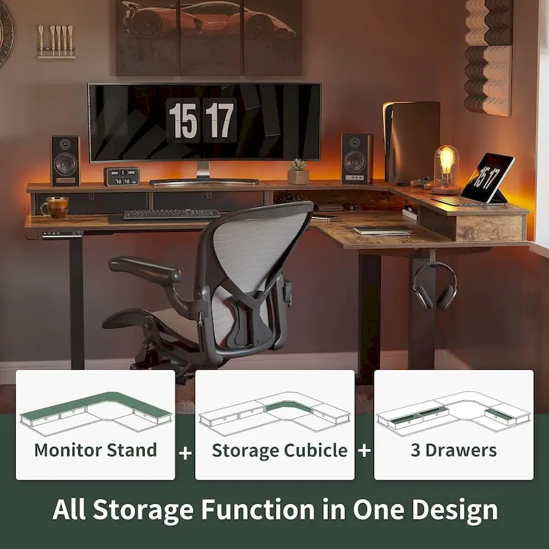 L-Shaped Electric Standing Desk with 3 Drawers & Lockable Casters, 63