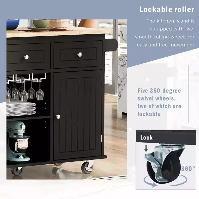 Movable Kitchen Island with Power Outlet, Drop Leaf and Rubber Wood Top