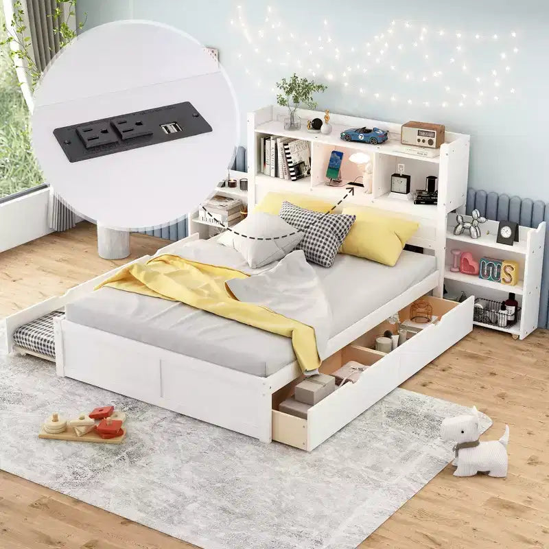 Lit plateforme complet avec lit gigogne, tête de lit bibliothèque et station de recharge, cadre de lit double en bois avec étagères et tiroirs