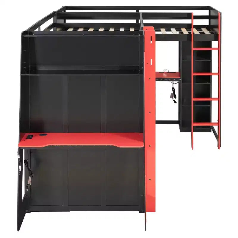 L-Shaped Gaming Loft Bed with Desks, Double Twin Loft Beds with LED Lights, USB Ports, Storage Bookshelves, Wood Corner Loft Bed for 2