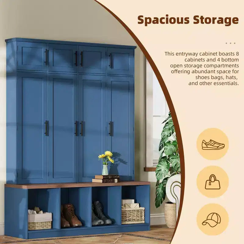 The Misty Moon Farmhouse Blue Hall Tree with 4 Hidden Hanging Hooks and Versatile Walnut Seating Bench with 8 Doors
