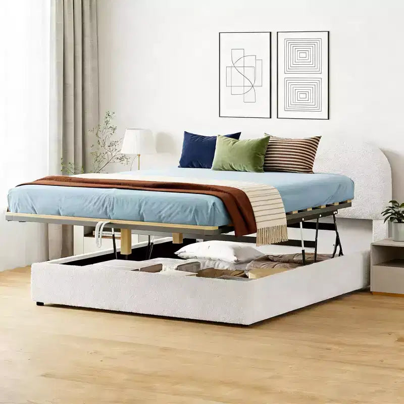 Lit capitonné Queen Size avec rangement escamotable - Blanc