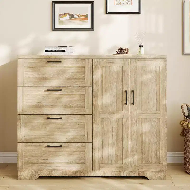 43.3 H Wood Armoire Wardrobe Closet with 4 Drawers & Hanging Rod, Multifunctional Bedroom Clothing Storage Cabinet Dresser