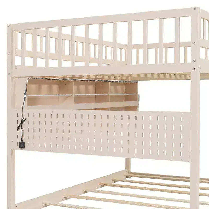 Luxystar Full Over Full Modern Low Bunk Bed With Storage Lighted Shelves And Pegboard
