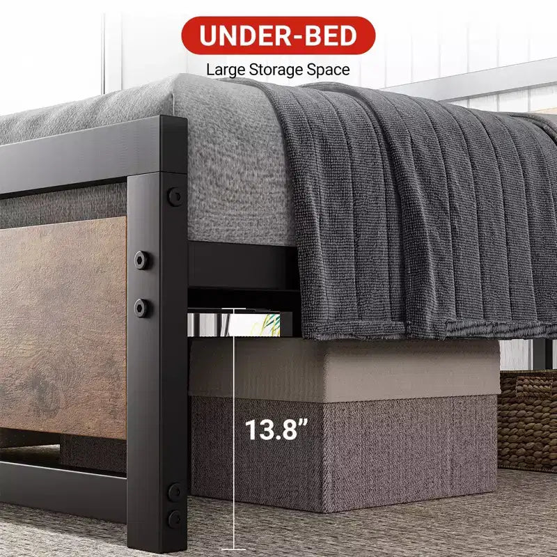 Heavy Duty Bed Frame with Headboard and Footboard, Metal Platform with 13.8 Storage, Noise Free & Tool-Free Assembly, Vintage Brown