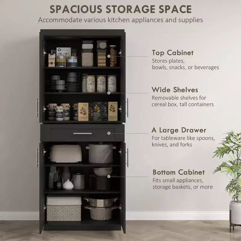 Modern Kitchen Pantry Freestanding Cabinet Cupboard with Doors and Drawer, Adjustable Shelving