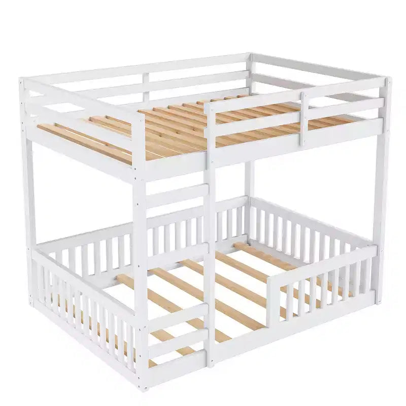 Full over Full Wooden Bunk Bed with Ladder and Guardrails, Low Floor Full Size Bunk Beds with Slats Support