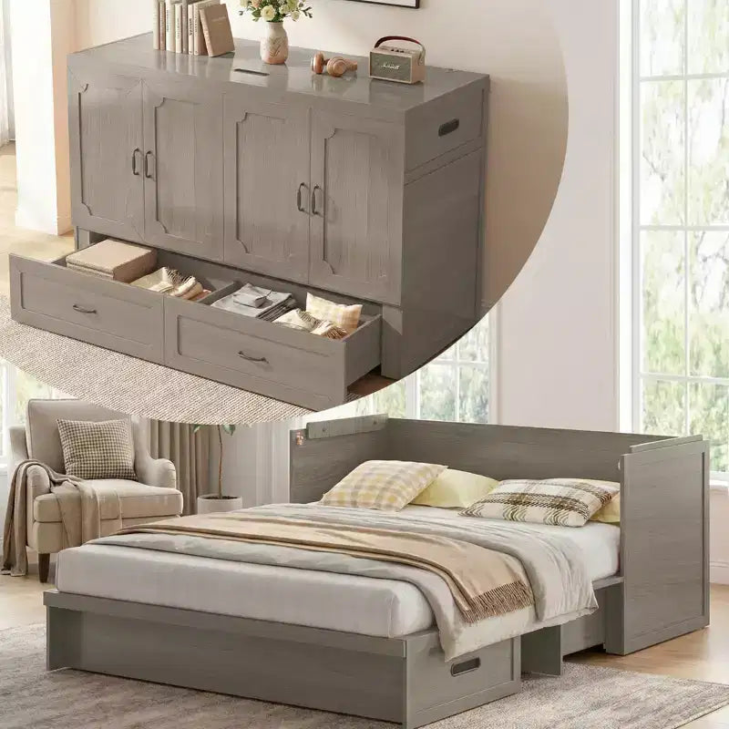 Mjkone Queen Size Convertible Murphy Cabinet Bed with Mattress, USB Charging, Storage Drawers