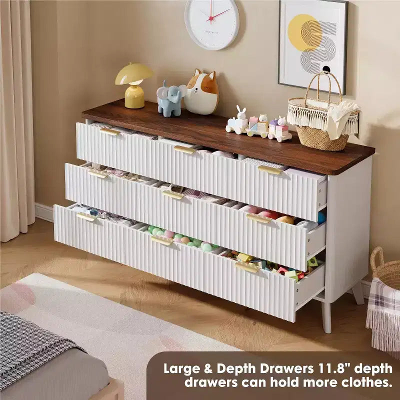 9 Drawers Fluted Dresser, Modern Chest, Wooden Dresser TV Stand, Curved Profile Design, for Living Room, Hallway
