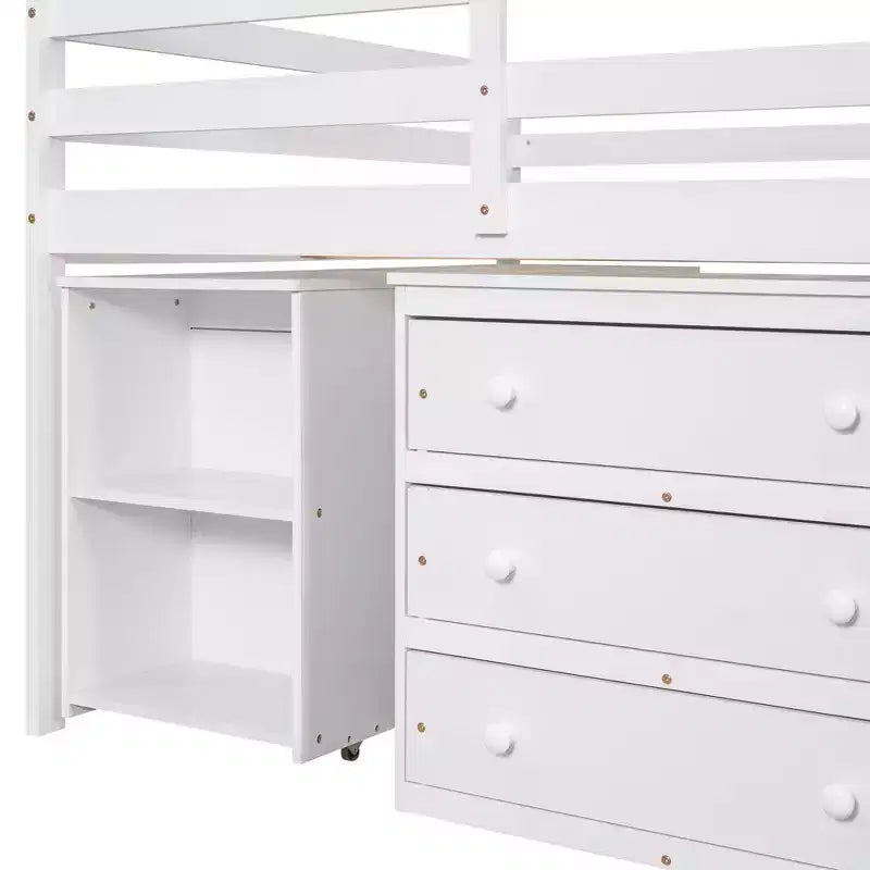 Full Size Low Loft Bed with Rolling Desk, 3 Drawers and Shelves