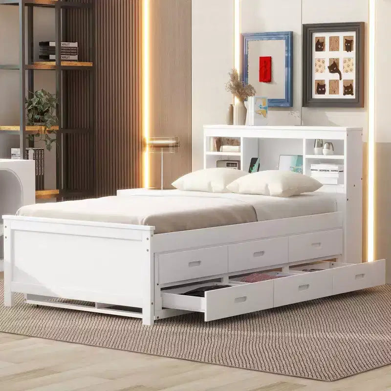 Platform Bed with Trundle and Drawers, Storage Platform Bed with USB, Wood Platform Bed with Bookcase