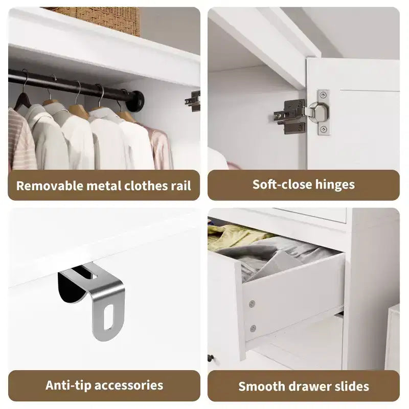 COZONY Armoire Wardrobe with 3 Drawers & 2 Doors, Modern Wooden Closet Cabinet for Bedroom, Heavy Duty White Standing Armoire