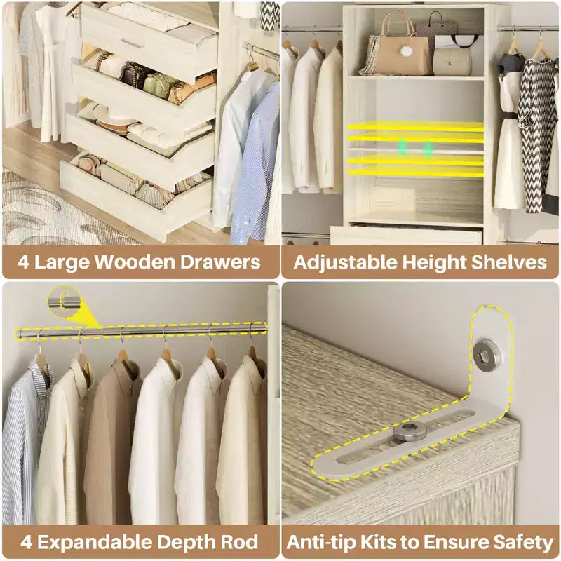 Besiost 4-9 Ft Wooden Closet Organizer System with 4 Drawers, 4 Hanging Rods & Shelving Towers