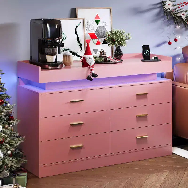 Modern TV Stand with 6 Drawers & LED Lights, Floating Countertop Coffee Bar for Living Room Entertainment Center