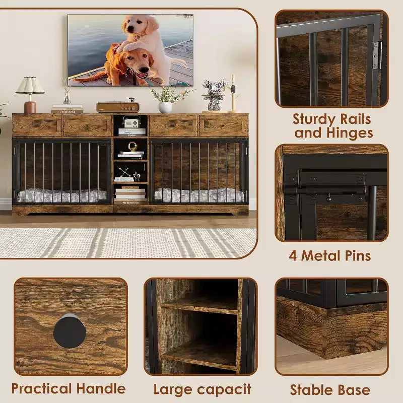 82 Double Dog Crate Furniture, Large Dog Kennel Indoor for 2 Dogs, Heavy Duty Wooden Dog Crate TV Stand with 4 Drawers and Shelves
