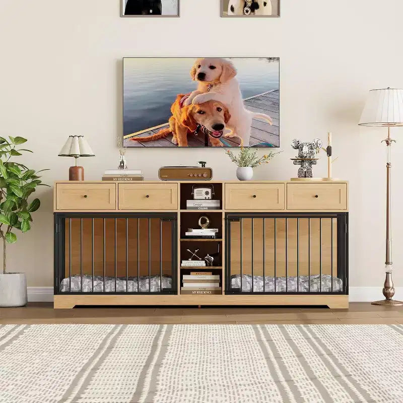 82 Double Dog Crate Furniture, Large Dog Kennel Indoor for 2 Dogs, Heavy Duty Wooden Dog Crate TV Stand with 4 Drawers and Shelves