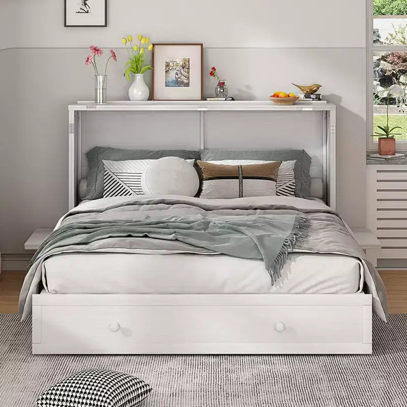 Mjkone Murphy Bed Queen,Cube Cabinet Chest Bed with Charging Station&Storage Space