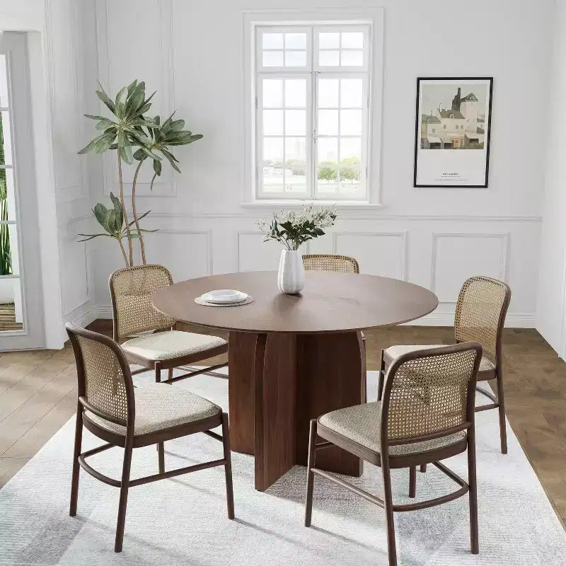 PexFix 45 x45 Solid Wood Round Dining Table with Walnut Finish and Elegant Arched Legs for Modern Dining Rooms & Kitchens