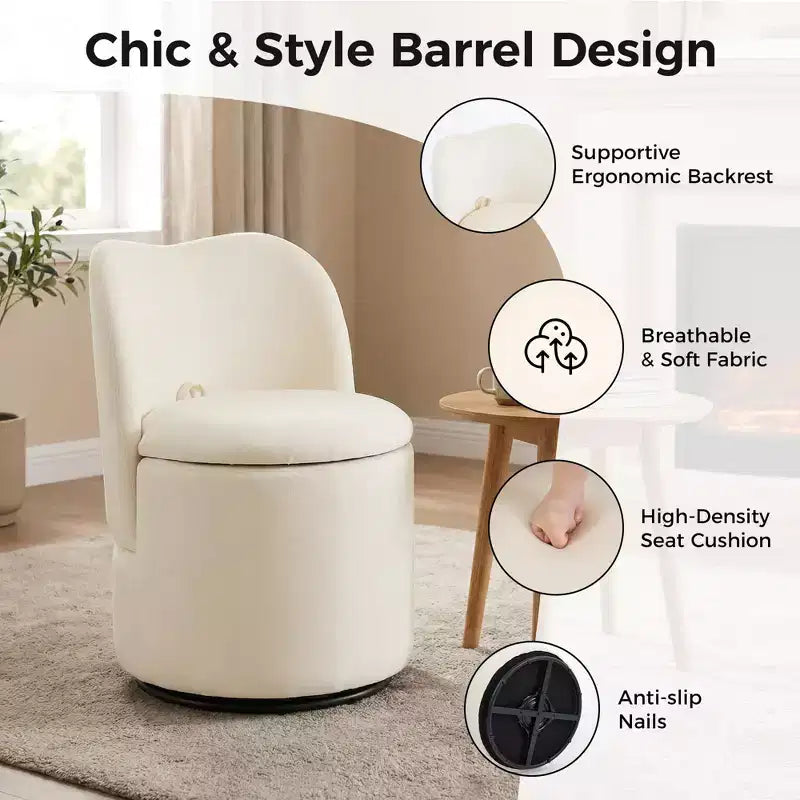 Swivel Vanity Chair with Storage, Upholstered Round Makeup Stool with Back, Soft Padded Barrel Accent Armchair for Bedroom & Living Room