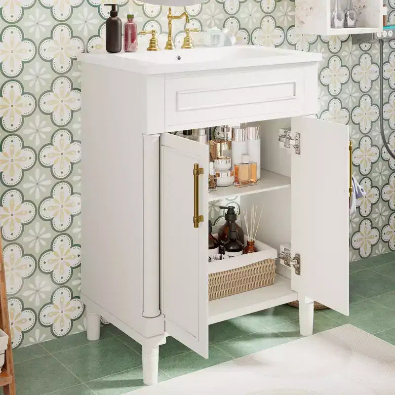 24 Bathroom Vanity with Ceramic Sink, Shaker Cabinet, 2 Soft-Close Doors, Solid Wood Frame for Small Bathroom or Powder Room