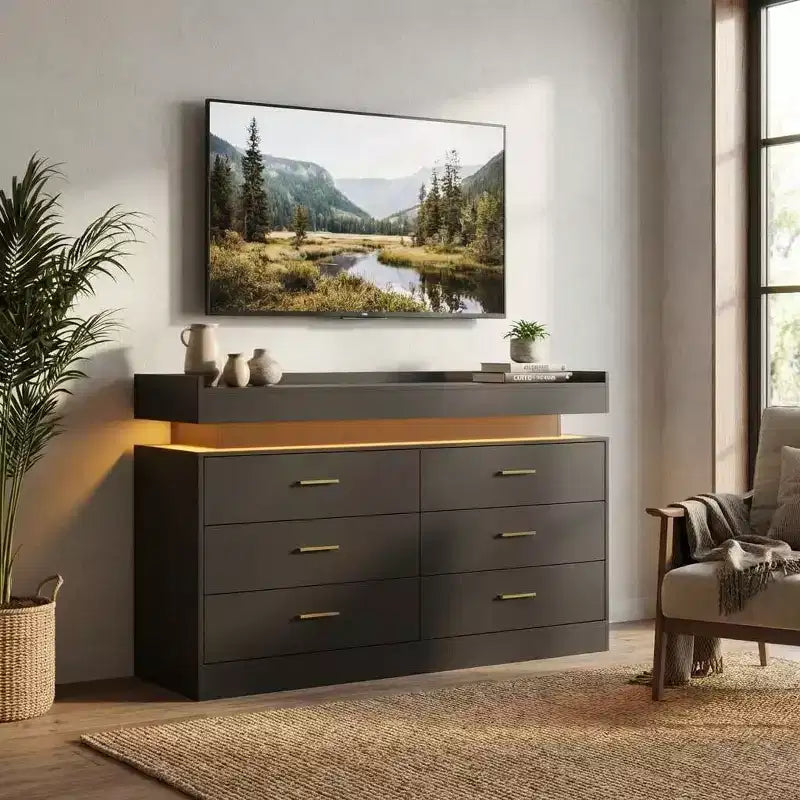 Modern TV Stand with 6 Drawers & LED Lights, Floating Countertop Coffee Bar for Living Room Entertainment Center