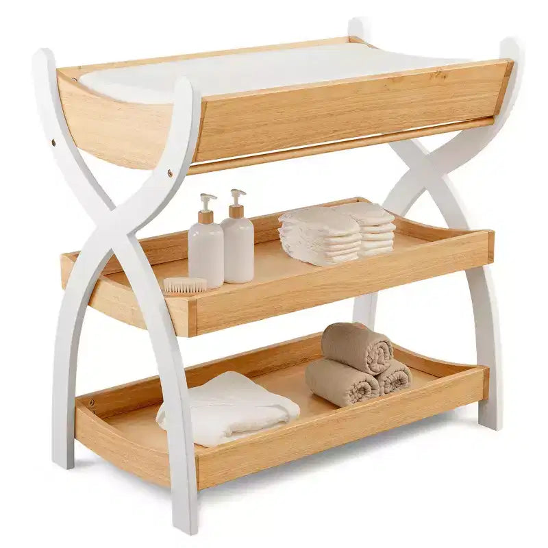 Table à langer Comfy Cubs - Construction robuste en bois, design intemporel avec deux étagères ouvertes pour les indispensables de bébé