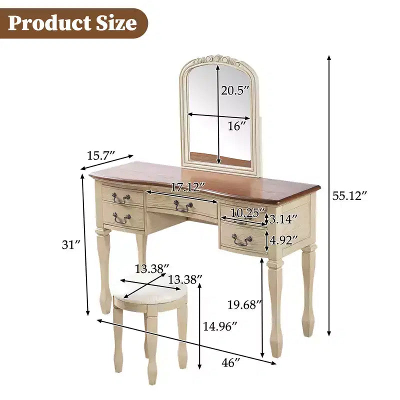 Vintage Vanity Set, Vintage Makeup Vanity Desk, 46 Inch Dressing Table with Curved Flower Mirror, 5 Drawers Storage