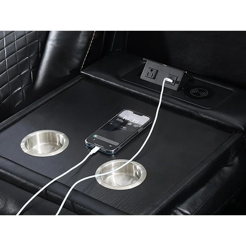Power Reclining Sofa with Wireless Charger,Reading Light for Living Room,Faux Leather LED Light,AC/USB Port,Cup Holder,Black