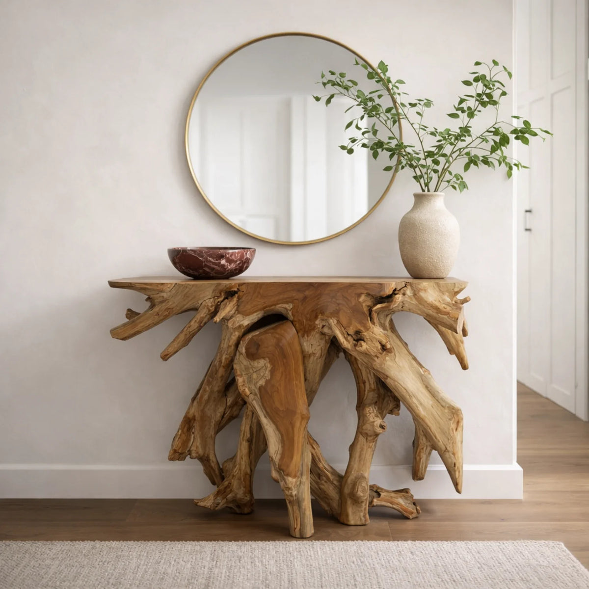 Organic Teak Console Table with Sculptural - Entryway