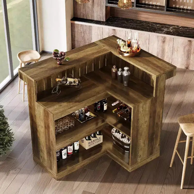 Lantine L-Shaped Home Bar Unit, 4-Tier Corner Liquor Bar Table with Storage Shelves and Wine Glasses Holder for Home Pub