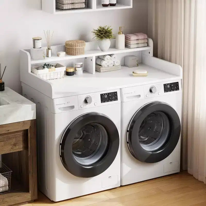 Wood Washer and Dryer Topper, 54 Laundry Countertop with 2-Tier Storage Shelf, Anti-Slip Work Surface with Guardrails for Laundry Organization