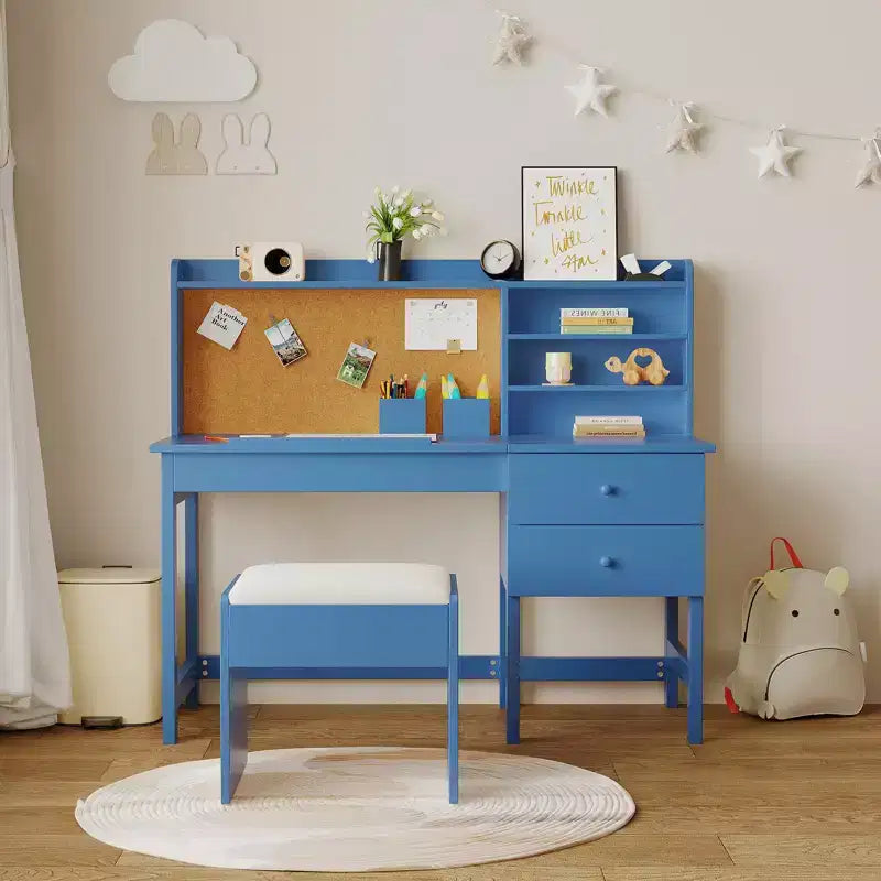 Kids Desk and Chair Set, Wooden Study Table with Adjustable Tilt Desktop, Drawers & Cork Board - Children School Learning Desk Set