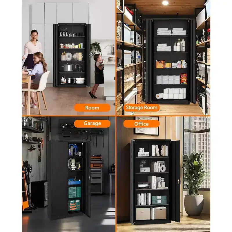Armoire de rangement de garage avec roues et panneau perforé, armoire de rangement métallique verrouillable de 72 po de hauteur avec 2 portes et 4 étagères réglables pour atelier de garage