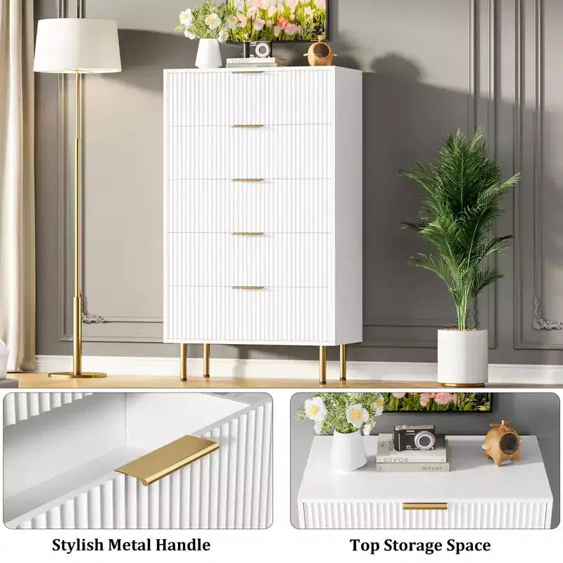 Commode à 5 tiroirs blanche / marbre et bois – Panneau cannelé, pour 1 personne