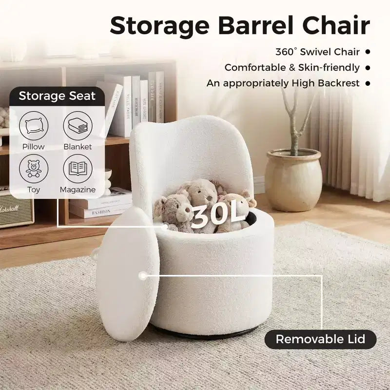 Swivel Vanity Chair with Storage, Upholstered Round Makeup Stool with Back, Soft Padded Barrel Accent Armchair for Bedroom & Living Room