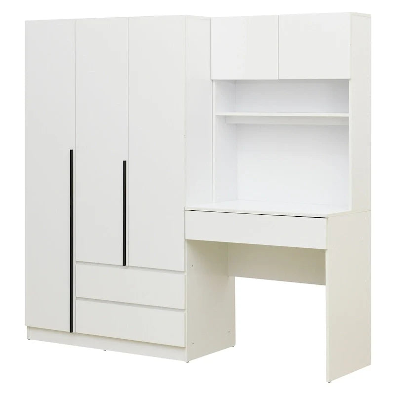 Armoire-penderie 3-en-1 avec coiffeuse, ensemble de bureau, armoire de chambre avec 2 tiroirs, armoire-penderie à 3 portes avec espace de rangement