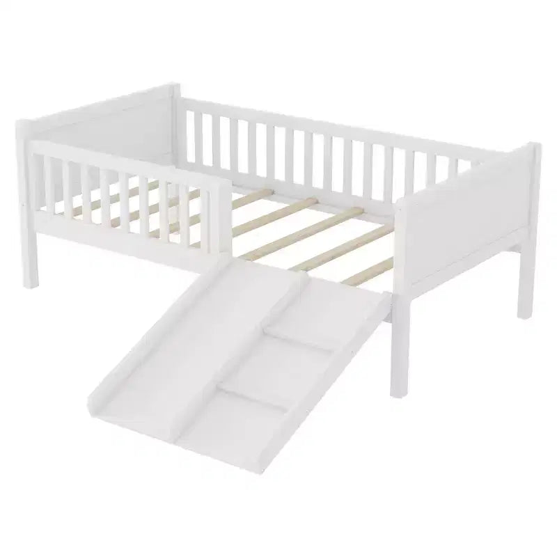 Whisen Twin Size Low Loft Bed Frame for Kids with Slide, Movable Bookshelf Storage, Guardrails, Low Loft Bed Frame