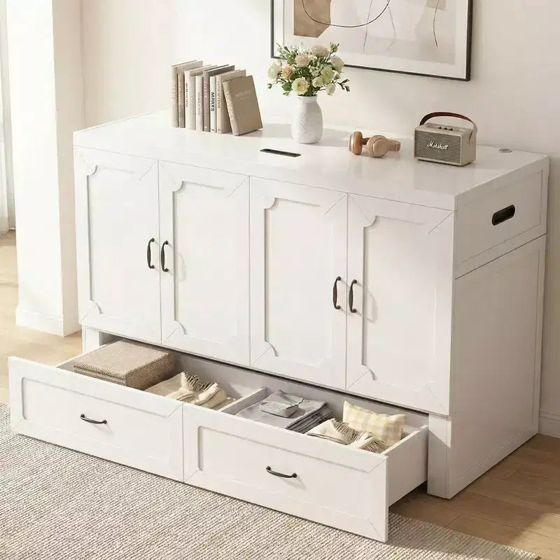 Mjkone Queen Size Convertible Murphy Cabinet Bed with Mattress, USB Charging, Storage Drawers