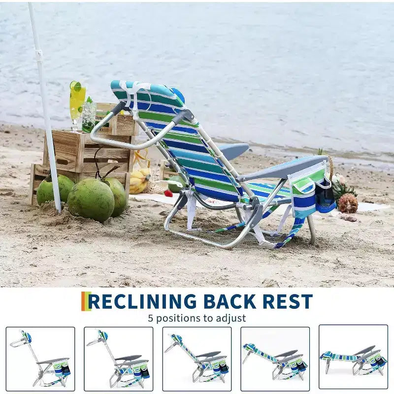 Acekool Lot de 2 chaises de plage légères pliables à 5 positions pour adultes avec sangles, porte-gobelet et barre à serviettes, supporte 136 kg
