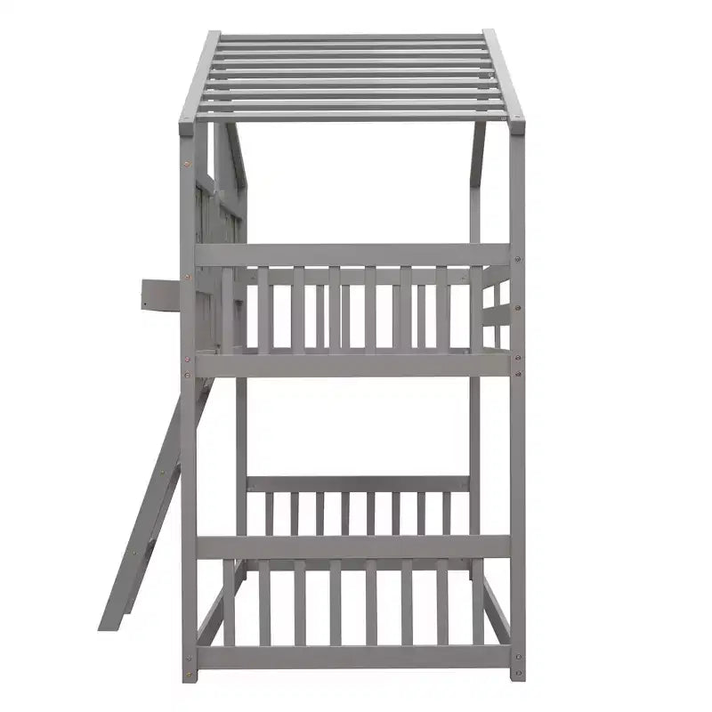 Twin Size House-Shaped Loft Bed, Wood Playhouse Loft Bed with Ladder & Guardrails for Kids