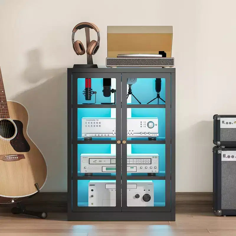 Bekrvio Metal Media Cabinet, 4-Tier Stereo Cabinet with Glass Doors & Adjustable Shelves, Audio AV Rack with Cable Management