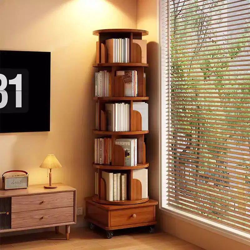 Chic Crate 6-Tier 360 Rotating Corner Bookshelf with Wheels, Narrow Bookcase for Small Spaces  Walnut Brown
