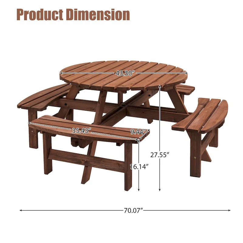 8-Person Outdoor Patio Fir Wood Round Picnic Dining Set with 4 Built-in Benches and Umbrella Hole
