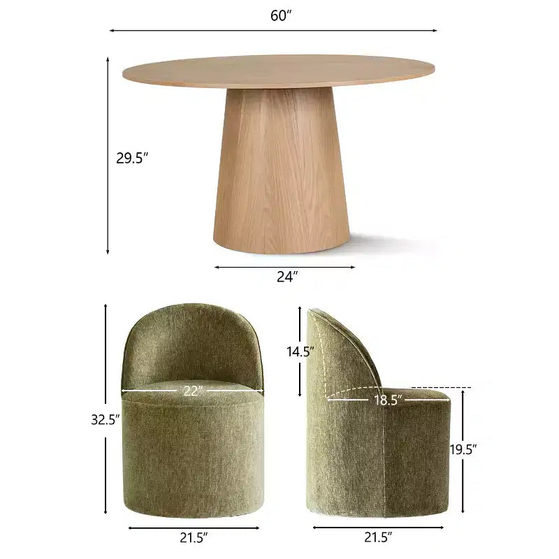 Modern Dining Table Set For 6, Round Pedestal Dining Table, Swivel Rolling Barrel Chairs With Wheels, Textured Chenille- Panipeachy