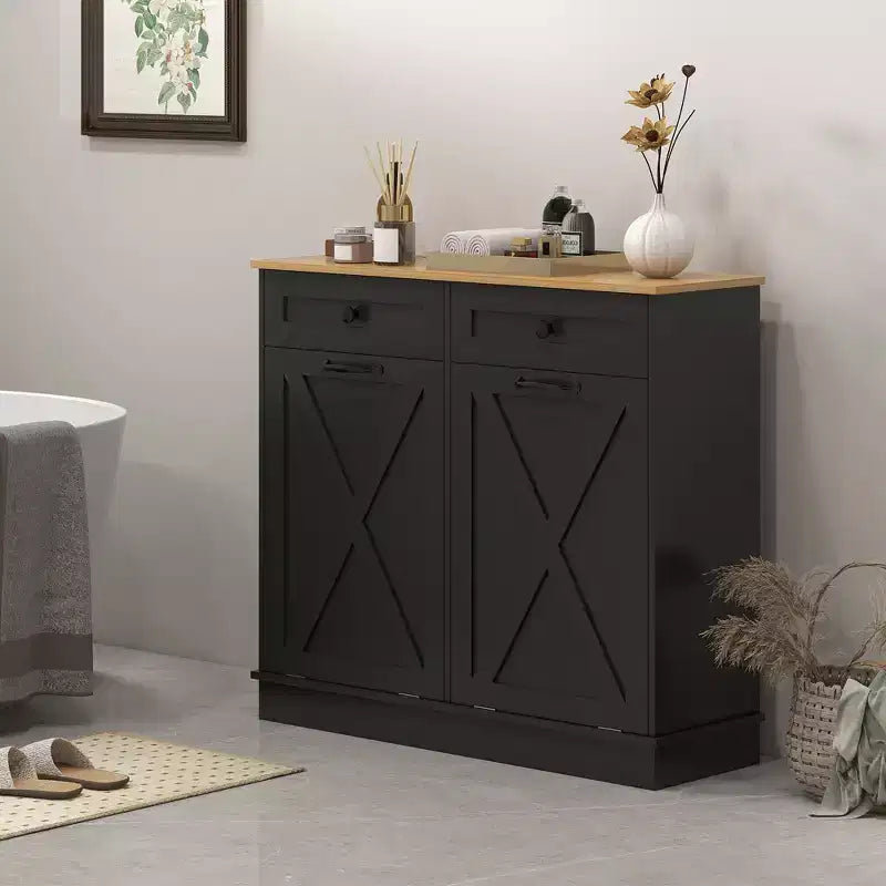 HOMCOM Tilt Out Laundry Hamper Cabinet Bathroom Storage Cabinet with 2 Removable Baskets and 2 Drawers