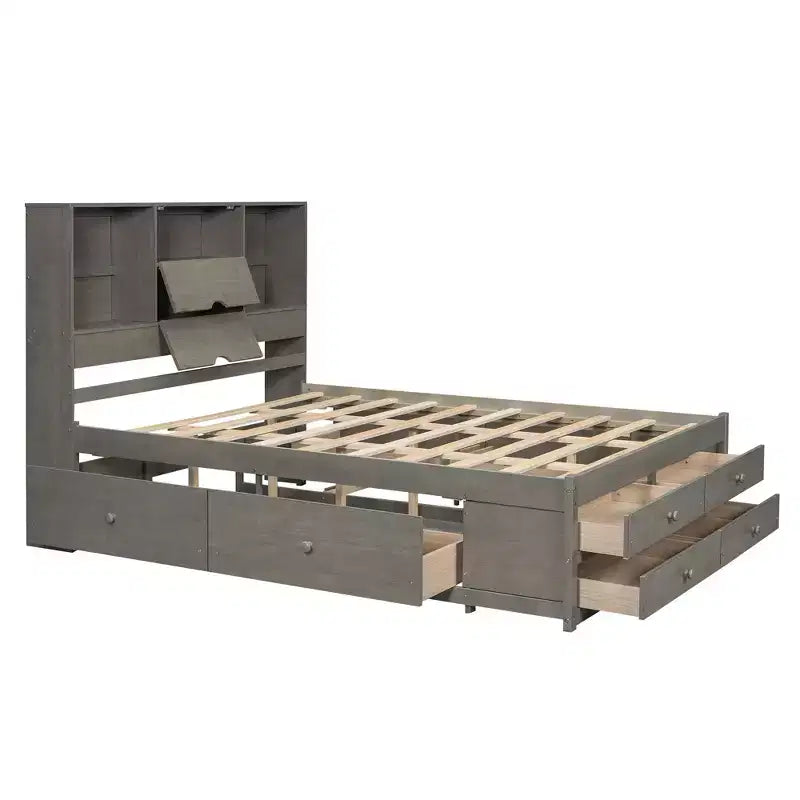 Queen Size Platform Bed with Storage Shelf and 8 Drawers, Easy Assembly