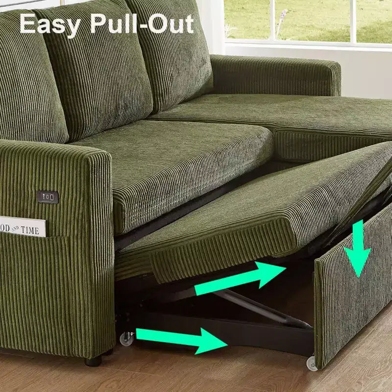 Dyonery 2 in 1 Pull Out Sleeper Sofa with Storage Chaise C Corduroy Sectional Couch with USB Ports for Living Room