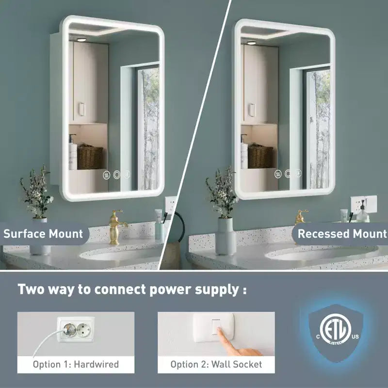 Black / White / Gold LED Medicine Cabinet, Single Door, Left or Right Hinge, Recessed or Wall-Mounted